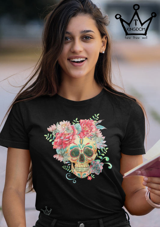 Boho Flower Skull Adult T-Shirt Unisex Jersey Short Sleeve Tee